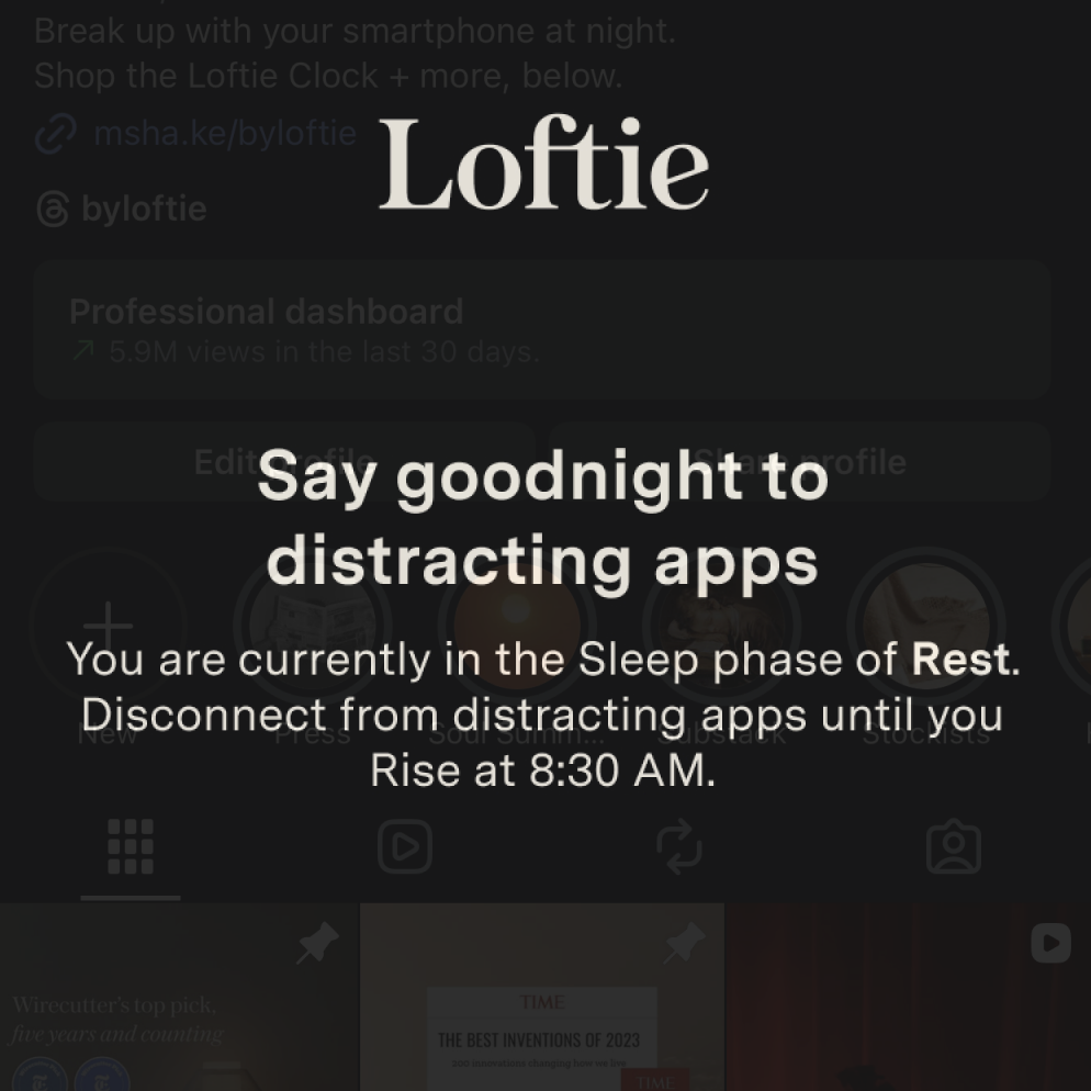 Loftie+ blocking a distracting app on a phone at bedtime